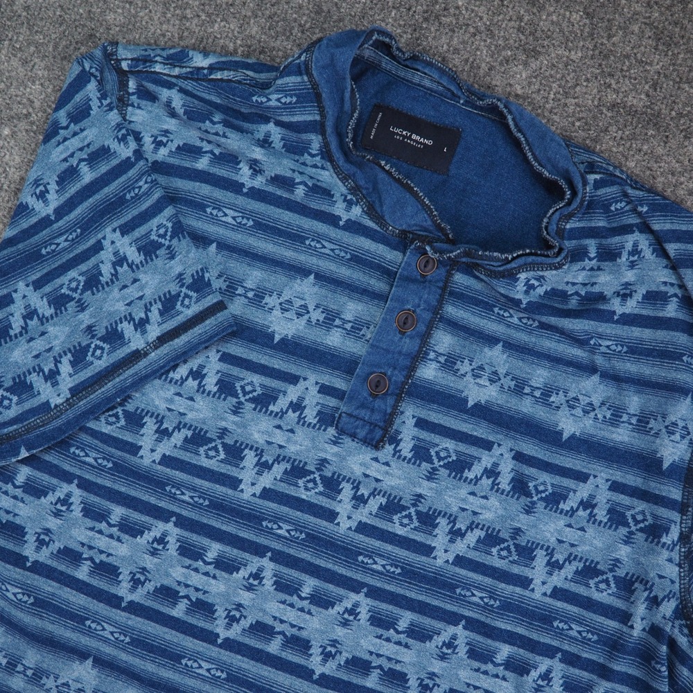 Lucky Brand Henley Mens Large Short Sleeve Blue Aztec Tribal Southwestern Top
